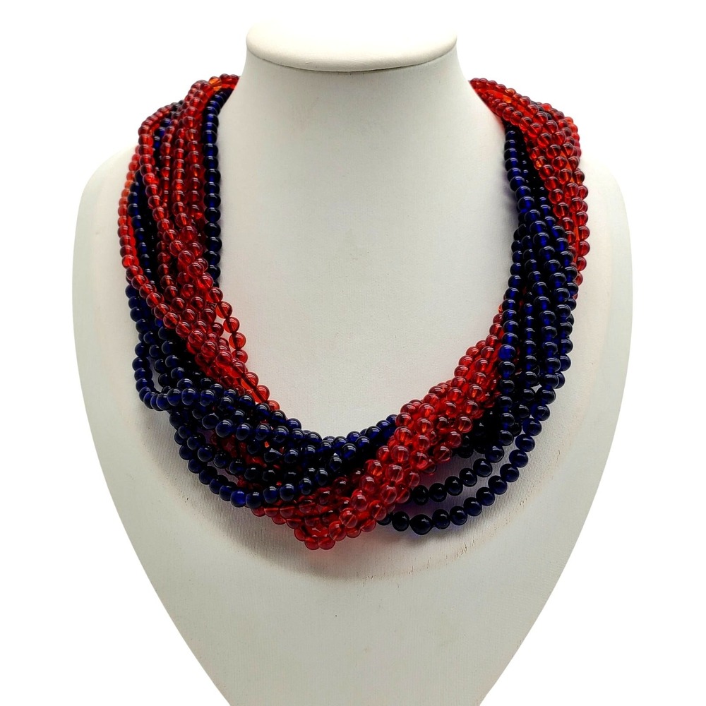 Monise Necklace Red Navy Glass Bead Twisted‎ Multi Strand Torsade Choker Italian